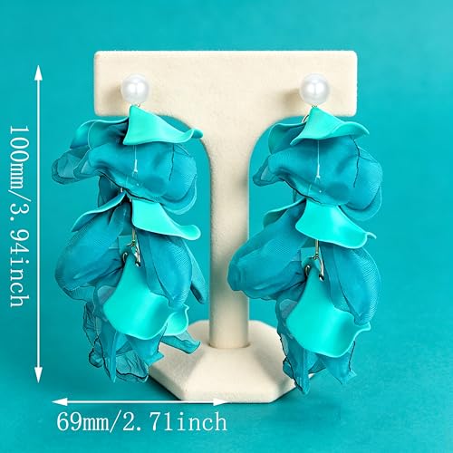 Handmade Bohemian Lightweight Fabric Flower Dangle Drop Earrings Chic Pearl Large Tassel Petal Stud Earrings For Women - color: Blue Green