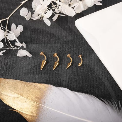 ZS 16G Devil Curved Barbell Lip Ring, Stainless Steel 6/8/10/12mm Long Bar Belly Button Ring, Flat Back Tiger Teeth Vertical Labret Lip Rook Navel Piercing Jewelry - color: Gold, size: L:12mm