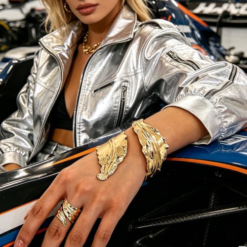 Geometric Irregular Cuff Bracelet and Open Ring Set Punk Style Avant-Garde Jewelry for Women Fashion Accessories
