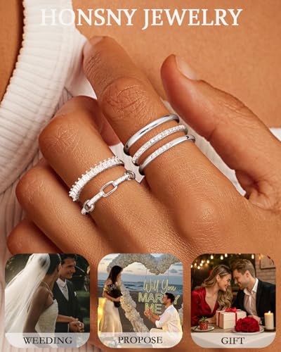 Honsny Stackable Gold Rings for Women Non Tarnish Engagement Wedding Bands | 18K Gold Plated, Cubic Zirconia Stacking Rings, Thumb Ring Set, Thin Eternity Promise Wedding Bands, Size 6 7 8 9 10 11 - color: Silver 2