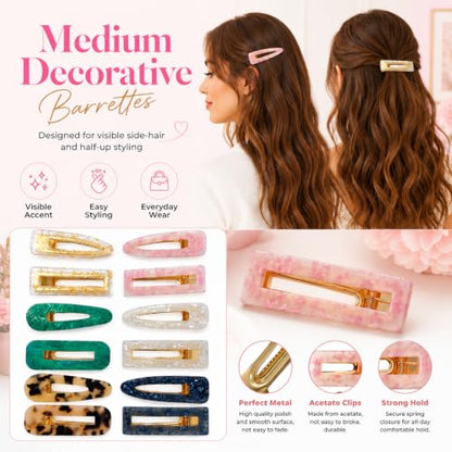 Parcce 12 Pcs Acrylic Resin Marble Hair Clips for Women Girls, 2.60-2.68 Inch Medium Decorative Barrettes, Rectangle & Teardrop Side Hair Clips with Metal Clip for Daily Styling