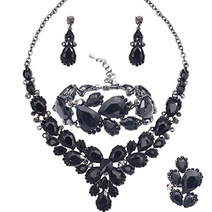 Women's Wedding Bridal Austrian Crystal Glass Teardrop Statement Necklace Dangle Earrings Bracelet Ring Wedding Party Jewelry Set for Bridal Bridesmaid - color: All Black-Jet