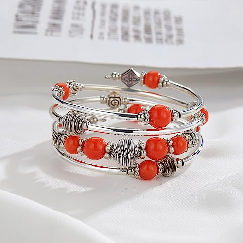 PEARL&CLUB Beaded Chakra Bangle Turquoise Bracelet - Fashion Jewelry Wrap Bracelet with Thick Silver Metal and Mala Beads, Birthday Gifts For Women - color: Orange