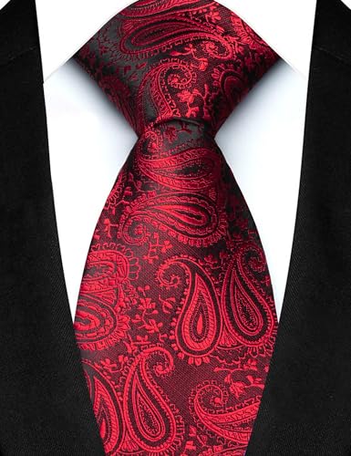 JEMYGINS Mens Paisley Tie and Lapel Pin Necktie Pocket Square and Tie Clip with Sets for Business Casual 4PCS - color: Red/Black