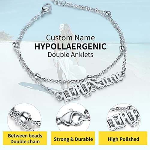 ChainsHouse Double Layer Anklet Bracelet for Women,Adjustable Chain Anklets Stackable Dainty Anklets,Stainless Steel/Gold Plated/Black Ankle Jewelry Gifts - color: A-Silver-Bead Chain