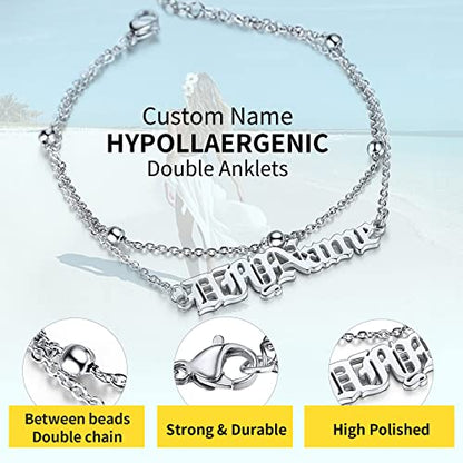 ChainsHouse Double Layer Anklet Bracelet for Women,Adjustable Chain Anklets Stackable Dainty Anklets,Stainless Steel/Gold Plated/Black Ankle Jewelry Gifts - color: A-Silver-Bead Chain