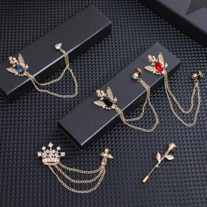 Amaxiu 5Pcs Men's Brooch Suit Pin, Brooch Crystal Rhinestone Crown | Hanging Chain Tassel Brooche's with Stone, Rose Floral Lapel Pins for Men, Shirt Tie Hat Tuxedo Accessory