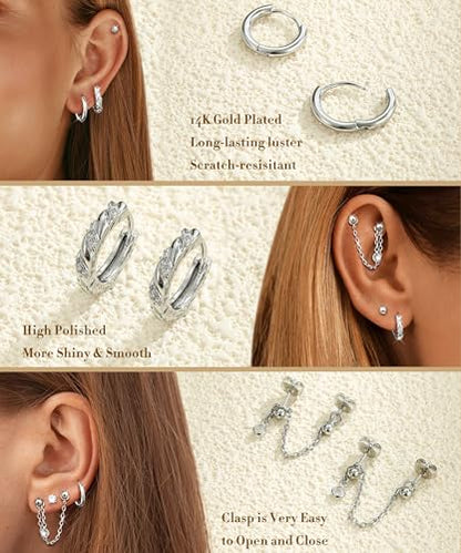 3 Pairs Dangle Hoop Chain Earrings Stacks for Women Trendy Huggie Earring | Non-Tarnish 5A CZ Stones Hoops Earrings Set for Multiple Piercing - style: Silver Plated-Twist