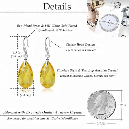 Austrian Crystal Teardrop Dangle Hook Earrings for Women 14K Gold Plated Hypoallergenic Jewelry - color: Yellow