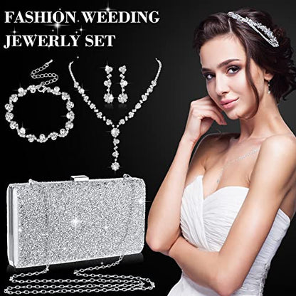 Mixweer 4 Pieces Clutch Purses Bag for Women Evening Rhinestone Jewelry Set Bling Necklace Earrings Bracelets Set for Wedding - style: Modern Style