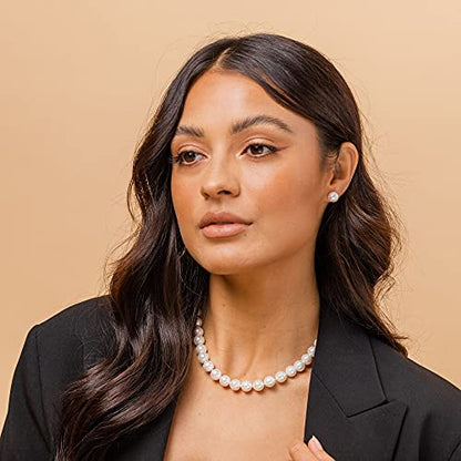 PAVOI 925 Sterling Silver Round Simulated Shell Pearl Necklace Strand | Pearl Choker Necklace | Jewelry for Women - size: 16 Inches, style: 10mm