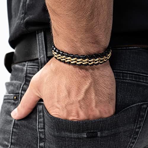 SERASAR | Premium Genuine Leather Bracelet [Steel] for Men in Black | Magnetic Stainless Steel Clasp in Black, Silver and Gold | Exclusive Jewellery Box | Great Gift Idea - color: Gold, size: 20cm