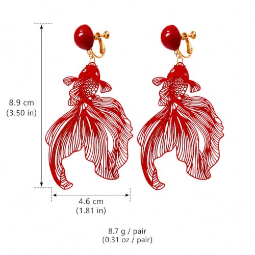 Red Koi Fish Clip On Earrings, Metal and Acrylic Statement Dangle Earrings for Women Festival Party Jewelry