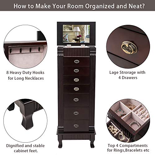 Vasitelan Large Standing Jewelry Armoire Cabinet Chest with Drawers,Jewelry Box Storage Organizer with Top Flip Mirror, Retro Standing Wood Jewelry Cabinet (Style 5-7 Drawers) - color: Style 5-7 Drawers