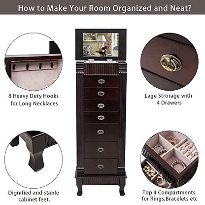 Vasitelan Large Standing Jewelry Armoire Cabinet Chest with Drawers,Jewelry Box Storage Organizer with Top Flip Mirror, Retro Standing Wood Jewelry Cabinet (Style 5-7 Drawers) - color: Style 5-7 Drawers
