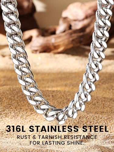 Bestyle Thick Stainless Steel Mens Cuban Link Chain, Black/Gold Chain for Men, No Tarnish & Durable Men Chain Necklace, 5/7/9/12mm Wide, 18"-30" Long, Gift Package - style: a. 12mm-Stainless Steel