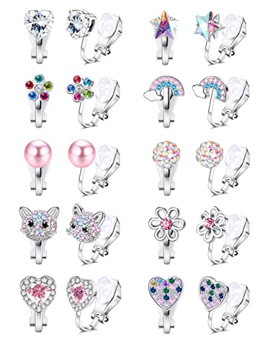 FASACCO 8-10Pairs Clip on Earrings for Women Girls Colorful Crystal Non-Piercied Earrings Cute Flower Heart Butterfly Pearl Clip-on Earrings Over 3 Years Old - style: 10Pairs Coloful