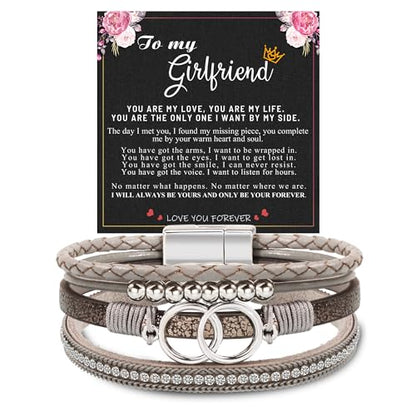 Bracelets for Women, Gifts for Mom Her Christmas Gift 2026 Leather Bracelets for Women Birthday Gift for Daughter Inspirational Wrap Bracelet Sister Friend Teen Girl Gift Layered Stocking Stuffers Jewelry - style: 1 To Girlfriend - Grey