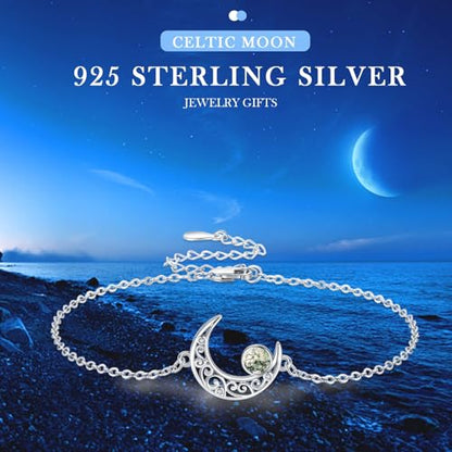 Moon Bracelet for Women 925 Sterling Silver Moonstone/Birthstone Moon Bracelet Butterfly/Dragonfly Bracelet Celtic Moon Butterfly Dragonfly Jewelry Gifts for Women - style: Moss Agate-Silver
