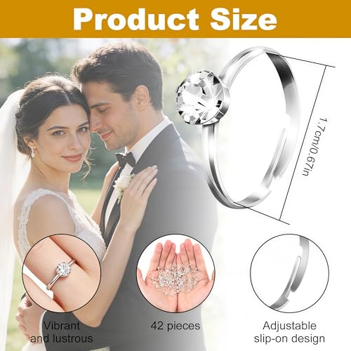 42 Packs Diamond Engagement Rings, Bridal Shower Decorations Fake Wedding Rings Adjustable Ring for Wedding Table, Cupcake Toppers, Party Supply Favor Accents (42 Pcs)