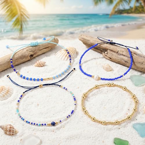 5Pcs Stack Gold Plated Ball Beaded Bracelets Set for Women, Boho Handmade Colorful Glass Pearl Stretch Accessories Jewelry, Summer Beach Daily Wear Holiday Friendship Gift - color: Blue Gold