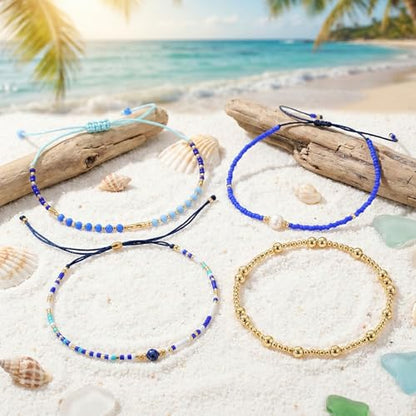 5Pcs Stack Gold Plated Ball Beaded Bracelets Set for Women, Boho Handmade Colorful Glass Pearl Stretch Accessories Jewelry, Summer Beach Daily Wear Holiday Friendship Gift - color: Blue Gold