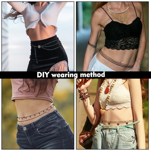 Lenwen 10 Pcs Summer Beach Belly Chain Adjustable Waist Multi Layered Chain Waist Jewelry for Women Girls Multilayer Body - color: Black, style: Stylish Style