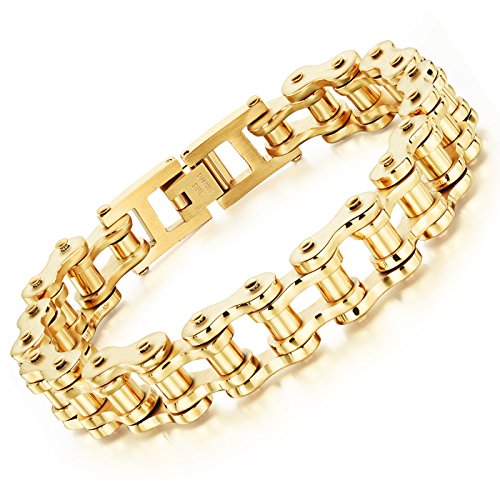 jonline24h Mens Womens Stainless Steel Motorcycle Biker Chain Heavy Bracelet Rock Link Wristband - color: Gold