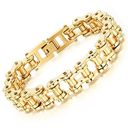 jonline24h Mens Womens Stainless Steel Motorcycle Biker Chain Heavy Bracelet Rock Link Wristband - color: Gold