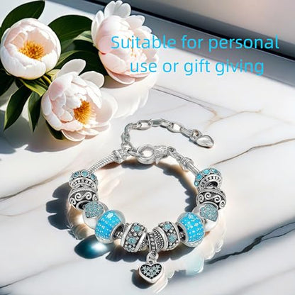 Pink Hearts Silver Plated Charm Bracelet, DIY Jewelry for Women with Beads, Charms, and Adjustable Snake Chain, Fits 7.5"+1.5" - color: Blue, size: 18cm