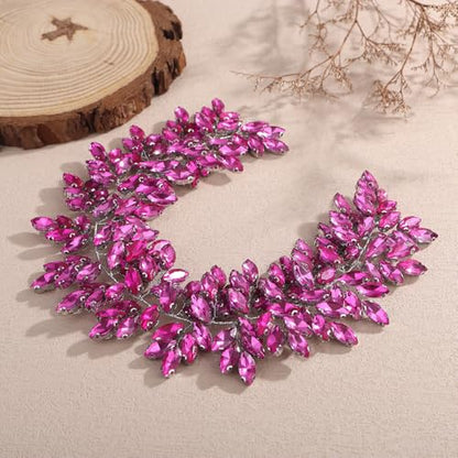Missgrace Women Silver Green Black Red Blue Handmade Full Crystal Rhinestone Large Headband Hair Vine Shinny Headpiece Bridal Wedding Hair Accessories for Women (Rose Red) - color: Rose Red