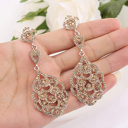 Wedding Teardrop Dangle Earrings Crystal Rhinestone Beaded Chandelier Earrings for Brides Gold - color: A-champagne