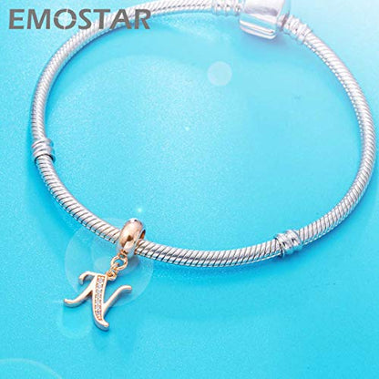 EMOSTAR Letter Charms Initial A-Z Alphabet Beads, Rose Gold 925 Sterling Silver Dangle CZ Birthstone Pendant, Gifts for European Charm Bracelet/Mothers Day/Birthday - color: Letter N