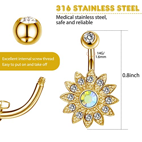 Yaomiao 18 Pcs 14G Stainless Steel Belly Button Ring Rhinestone Heart Dangle Belly Button Rings for Women - color: Gold, Elegant Style