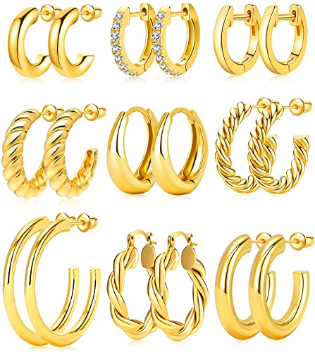 Adoyi 9 Pairs Gold Hoop Earrings Set for Womens Twisted Huggie Hoops Earrings 14K 18K Gold Plated for Girls Valentines Mother's Day Birthday Gifts Lightweight - color: 18K Gold Plated