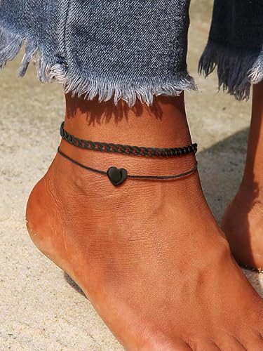U7 2Pcs/3Pcs Ankle Bracelets for Women, Stainless Steel Cuban Link/Figaro/Rope/Heart Chain Anklets Sets,Waterproof Layered Anklets Adjustable 8.5"-10.5" - color: 02. 2Pcs Style B-Black