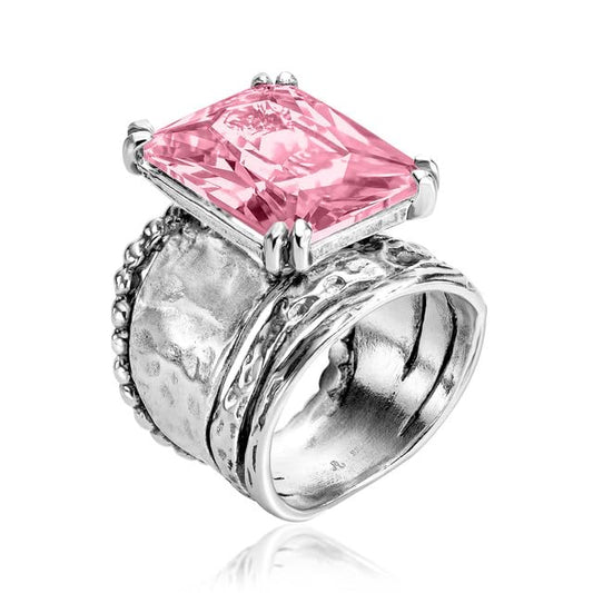 JEAN RACHEL JEWELRY 925 Sterling Silver Ring - Hammered Vintage Design with Octagon Shaped Cubic Zirconia - Hypoallergenic, Lead & Nickel Free - Artisan Handcrafted Statement Rings for Women - color: Pink CZ