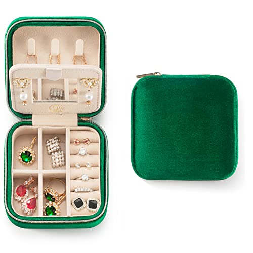 ZPROW Plush Velvet Travel Jewelry Case, Organizer, Box, Small Case for Women, Earring Organizer with Mirror, Best Gifts For Daughter, Girlfriend, Mom - Emerald Green - color: Velvet 1 Pack - Emerald Green