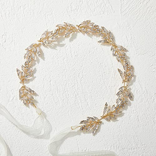 SWEETV Leaf Wedding Headpieces for Bride Flower Girl Gold Bridal Headband with Rhinestones Women Handmade Hair Accessories - color: Gold