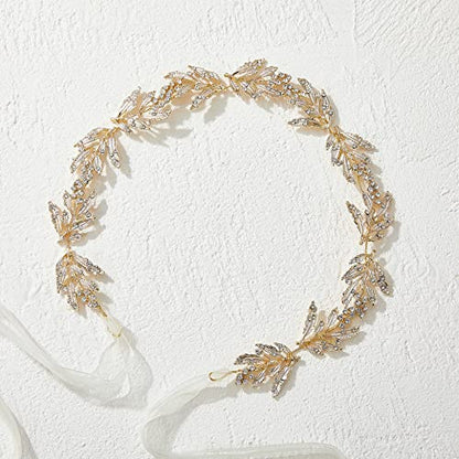 SWEETV Leaf Wedding Headpieces for Bride Flower Girl Gold Bridal Headband with Rhinestones Women Handmade Hair Accessories - color: Gold