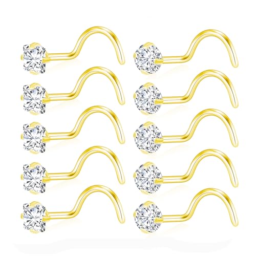 20G Nose Rings Studs for Women Corkscrew Sliver Nose Studs Hypoallergenic Nose Rings 316L Stainless Steel Nose Nostril Percing Jewely for Women Men Round Square CZ Imitation Diamond 1.5mm/2.0mm/2.5mm/3.0mm - style: 20G-corkscrew-gold-3.0mm