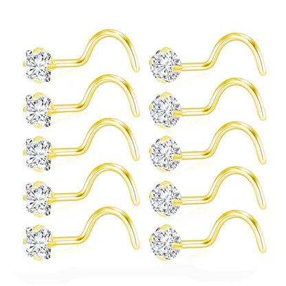 20G Nose Rings Studs for Women Corkscrew Sliver Nose Studs Hypoallergenic Nose Rings 316L Stainless Steel Nose Nostril Percing Jewely for Women Men Round Square CZ Imitation Diamond 1.5mm/2.0mm/2.5mm/3.0mm - style: 20G-corkscrew-gold-3.0mm