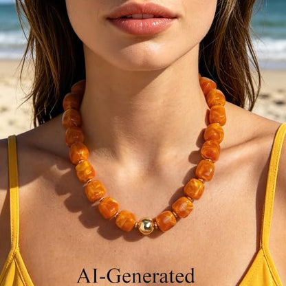 Ritach Chunky Beaded Necklaces for Women - Colorful Large Square Acrylic Beaded Necklace Boho Chunky Necklace Adjustable Statement Choker Necklace for Women Waterproof Summer Beach Jewelry Gifts - color: Yellow