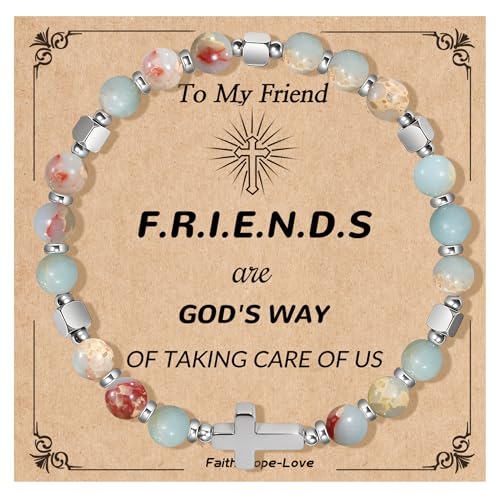 Natural Stone Stretch Bracelet for Women - Holy Water Elastic Cross Bracelet | Christmas Christian Baptism Gift, Meaningful Gifts, Unique Gift for Friends Mom Daughter Sister - style: cross-Friends