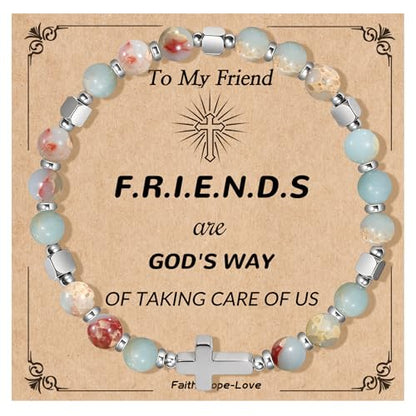 Natural Stone Stretch Bracelet for Women - Holy Water Elastic Cross Bracelet | Christmas Christian Baptism Gift, Meaningful Gifts, Unique Gift for Friends Mom Daughter Sister - style: cross-Friends