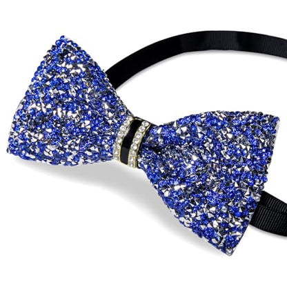 DiBanGu Mens Rhinestone Bow Tie with Ring and Lapel Pin Set | Adjustable Strap,Pre-tied Style,3PCS,Sequin Diamond Bowties，Solid/Mix Color,Shiny Accessory,for Party Prom Banquet Wedding - color: Blue and Silver