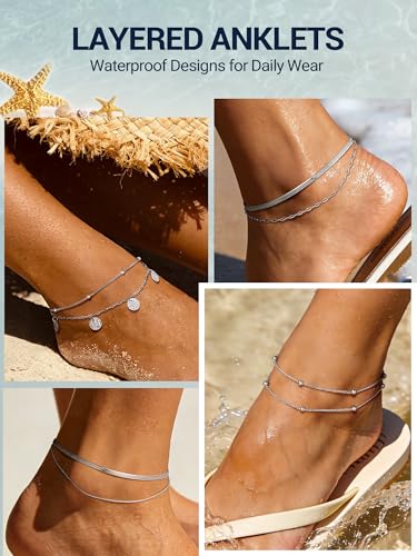 PROSTEEL Anklets for Women Waterproof, Silver/Gold/Black, Stainless Steel | Layered Anklets, Stainless Steel, Durable& No Tarnish, Summer Beach Jewelry, with Gift Box, 8-10.5" Adjustable, Plus Size - color: Silver, size: snake & paperclip