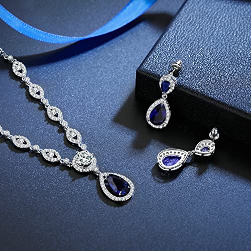 GULICX AAA Cubic Zirconia CZ Silver Plated Base Women's Party Jewelry Set Earrings Pendant Necklace - color: Blue CZ-White gold plated
