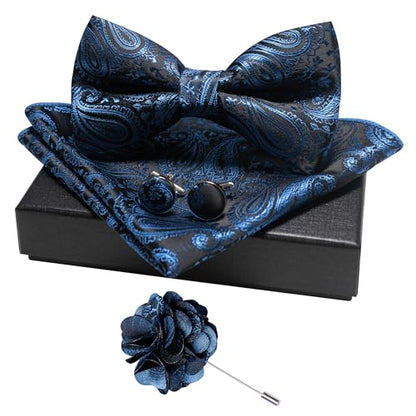JEMYGINS Mens Paisley Bow Tie and Lapel Pin Necktie Pocket Square and Tie Clip with Sets for Business Casual 4PCS - color: Light Blue