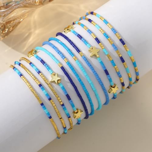 Gold Beaded Bracelets Stack for Women Stocking Stuffers 12PCS Boho Gold Plated Seed Beads Bracelet Stretch Star Stackable Accessories Jewelry Friendship Fall Christmas Gifts for Women - color: Blue